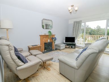 A living room with leather sofas a fireplace a television and large windows at 9 Manorcombe Bungalows St Ann's Chapel near Callington