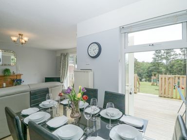 A dining table set with plates glasses and napkins near a sliding door leading to a garden at 9 Manorcombe Bungalows in St Ann's Chapel near Callington