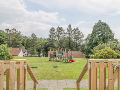 A playground with climbing structures and slides on grass surrounded by trees and houses at 9 Manorcombe Bungalows in St Ann's Chapel near Callington