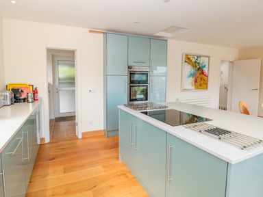 A kitchen with blue cabinets a white countertop a stove and a painting on the wall at High Banks in Dartmouth