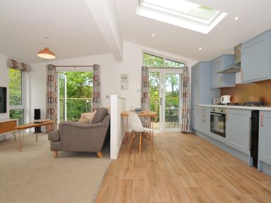 A living room with a sofa and kitchen appliances at The Hideout in Lanreath