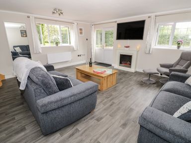 A living room with two gray sofas a wooden coffee table a gray armchair with footrest a fireplace and a television at Byefield Lodge in Welland