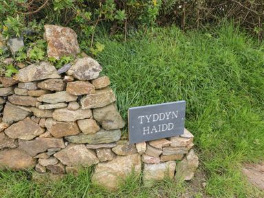 A stone wall with a sign that reads Tyddyn Haidd surrounded by grass at Tyddyn Haidd in Amlwch