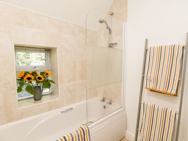 A bathroom with a bathtub shower and striped towels on a ladder at Parva in Great Broughton near Stokesley