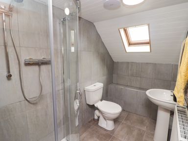 A bathroom with a shower enclosure, toilet, sink, and a skylight window at Barn Court Cottage Narberth Pembrokeshire