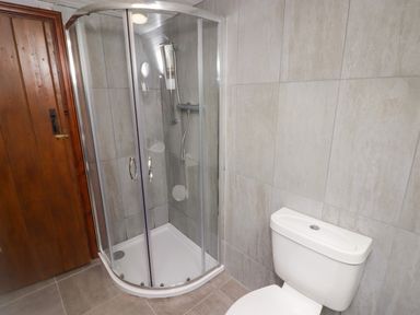 A bathroom with a corner shower enclosure a white toilet and a wooden door at Barn Court Cottage Narberth Pembrokeshire