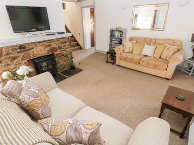 A living room with sofas a wall mounted television a stone fireplace and a small bookshelf at Barn Court Cottage Narberth Pembrokeshire