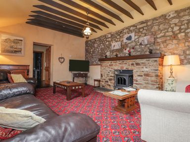 A living room with a stone fireplace a leather sofa a carpet and a television at Stoney Cottage in Narberth Pembrokeshire