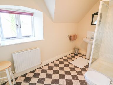 A bathroom with a window radiator towel rack sink mirror shower and toilet at Goose Cottage Caledon near Killylea