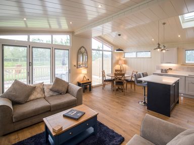 An open plan living room and kitchen with a sofa table chairs and kitchen island at Wren Lodge in Gargrave
