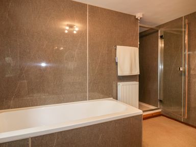 A bathroom with a bathtub shower glass door radiator and towel at Ribby Barn in Lerryn