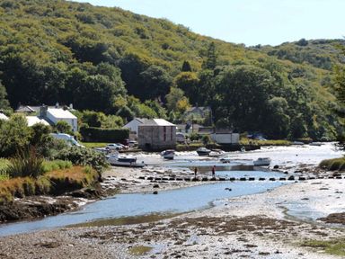 A river with stepping stones and boats near houses surrounded by trees at Ribby Barn in Lerryn