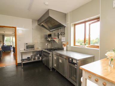 A kitchen with stainless steel appliances cooking utensils and a window with plants at Llety Ceiro in Bow Street Wales