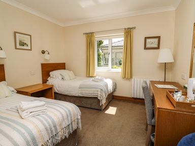 A bedroom with two single beds a wooden desk with a chair and a window with yellow curtains at Llety Ceiro in Bow Street Wales