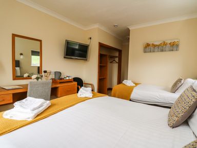 A bedroom with two beds a wall mounted TV and a desk with a mirror at Llety Ceiro in Bow Street Wales