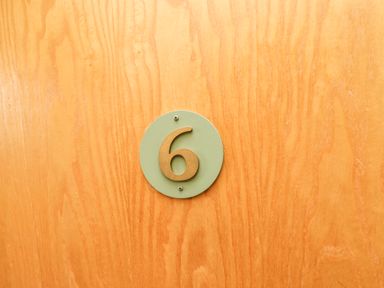 A wooden door with a green circular sign and the number six on it at Llety Ceiro in Bow Street Wales