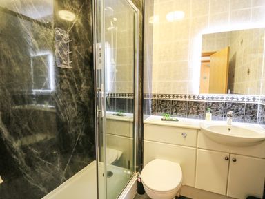 A bathroom with a shower enclosure a toilet a sink and a mirror above a tiled wall at Llety Ceiro in Bow Street Wales