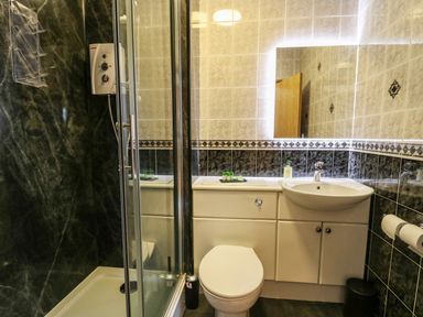 A bathroom with a shower, toilet, sink, mirror, and toiletries at Llety Ceiro in Bow Street Wales