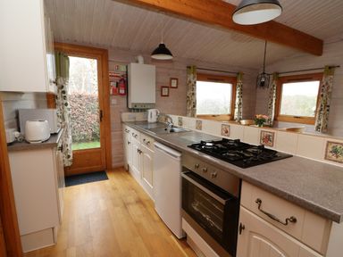 A kitchen with stove sink microwave toaster and dining area with flowers at Barn Owl Lodge Rhayader