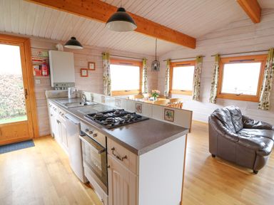 A kitchen and dining area with stove sink table chairs and sofa at Barn Owl Lodge Rhayader