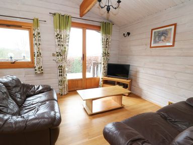 A living room with two brown leather sofas a wooden coffee table a small TV on a wooden stand floral curtains on windows at Barn Owl Lodge Rhayader