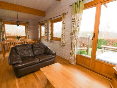 A room with a brown leather sofa a wooden coffee table and a dining table with chairs near windows at Barn Owl Lodge Rhayader