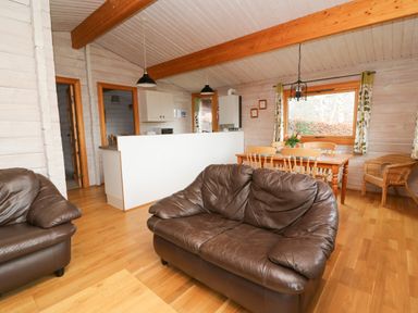 A living room with brown leather sofas a wooden dining table with chairs and a partition wall at Barn Owl Lodge in Rhayader