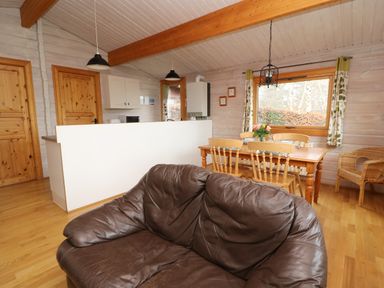 A room with a brown leather couch a wooden dining table with chairs and a kitchen area with white cabinets at Barn Owl Lodge in Rhayader