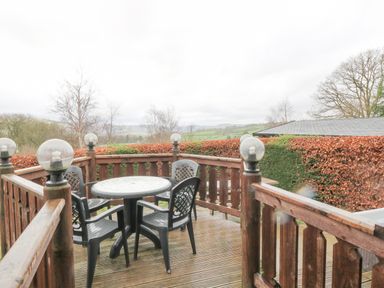 An outdoor wooden deck with a round table and four plastic chairs surrounded by a wooden railing with globe lights and bushes in the background at Barn Owl Lodge in Rhayader