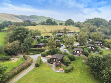 A holiday park with several wooden lodges on a hillside surrounded by trees and green fields at Barn Owl Lodge in Rhayader