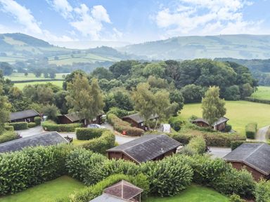 A cluster of wooden cabins surrounded by trees and greenery with hills in the background at Barn Owl Lodge in Rhayader