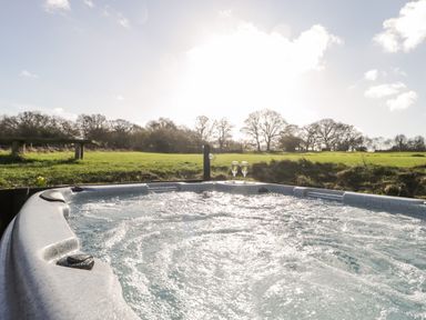 An outdoor hot tub with water bubbles and two glasses on its edge with grass and trees in the background at Deer Lodge in Wimborne Minster