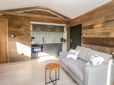 A living area with a gray sofa, wooden coffee table, and kitchenette with cabinets at Deer Lodge in Wimborne Minster