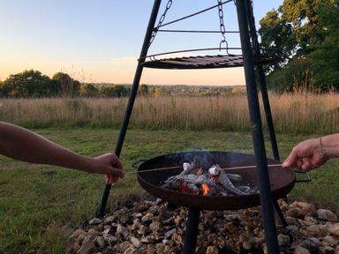 Two hands roasting marshmallows over a fire pit in a grassy field with trees in the background at Deer Lodge in Wimborne Minster
