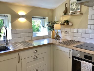 A kitchen featuring a sink, stove, and decorative items at Larchwood Lodge in Ellon