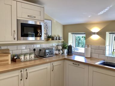 A kitchen with a microwave, kettle, and toaster at Larchwood Lodge in Ellon