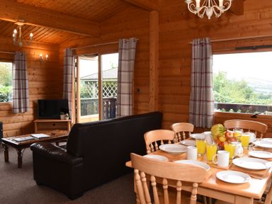 A dining table set with plates and glasses of orange juice near a black sofa and TV in a wooden cabin at Hillside View in Rhayader