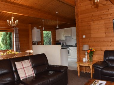 A living room with brown leather sofas, a wooden side table with a lamp and flowers, an open kitchen with white cabinets, and a dining table near a window at Hillside View in Rhayader