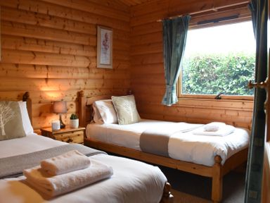 A bedroom with two single beds bedside table lamp and a window with curtains at Hillside View in Rhayader