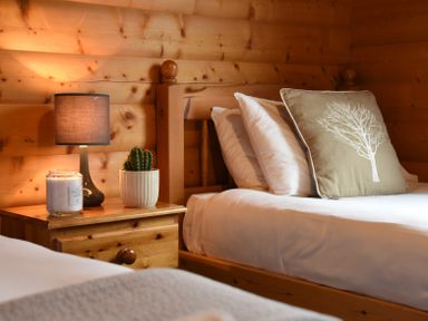 A bedroom with wooden bed frames white bedding a bedside table with a lamp candle and cactus at Hillside View in Rhayader