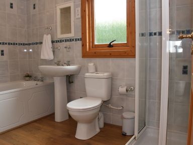A bathroom with a bathtub sink toilet shower and window at Hillside View in Rhayader