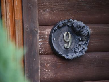 A house number 9 plaque with an owl decoration on a wooden wall at Hillside View Rhayader