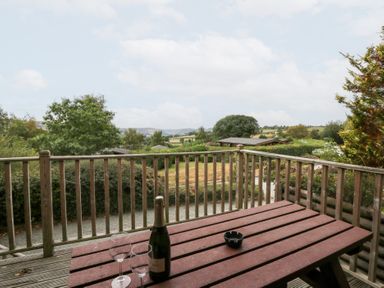 An outdoor patio with a table, champagne, and glasses at Sunny View in Rhayader