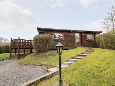 A wooden cabin on a grassy hill with a stone path and a lamp post at Snowy Owl Lodge in Rhayader
