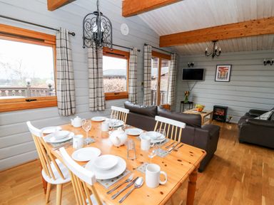 A dining table set with plates and cups in a living room with sofas and a wall-mounted television at Snowy Owl Lodge in Rhayader