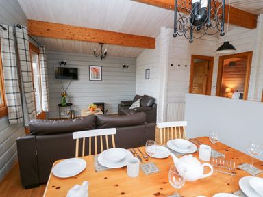 A dining table set with plates glasses and a teapot in a living room with sofas a TV and wooden beams at Snowy Owl Lodge in Rhayader