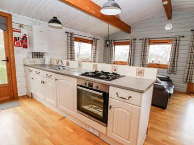 A kitchen with a stove oven sink windows and a couch in the background at Snowy Owl Lodge in Rhayader