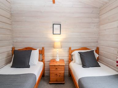 A bedroom with two single wooden beds a wooden nightstand with a lamp and a framed picture on the wall at Snowy Owl Lodge in Rhayader