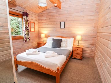 A bedroom with a wooden bed and two bedside tables with lamps at Snowy Owl Lodge in Rhayader