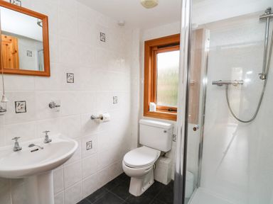 A bathroom with a sink mirror toilet window and shower at Snowy Owl Lodge in Rhayader